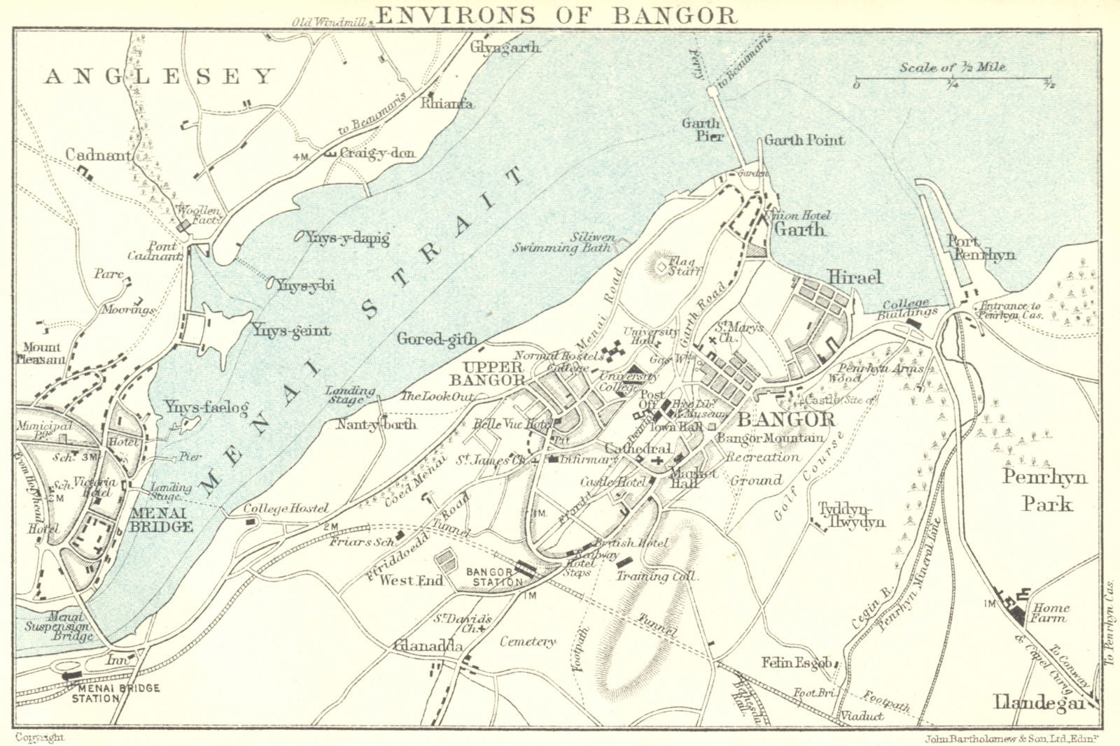 BANGOR vintage town/city plan. Menai Bridge. Wales. WARD LOCK 1924 old map